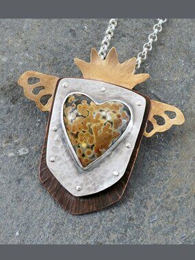 Mixed Metal Winged Shield Pendant with Ocean Jasper Heart One Of A Kind